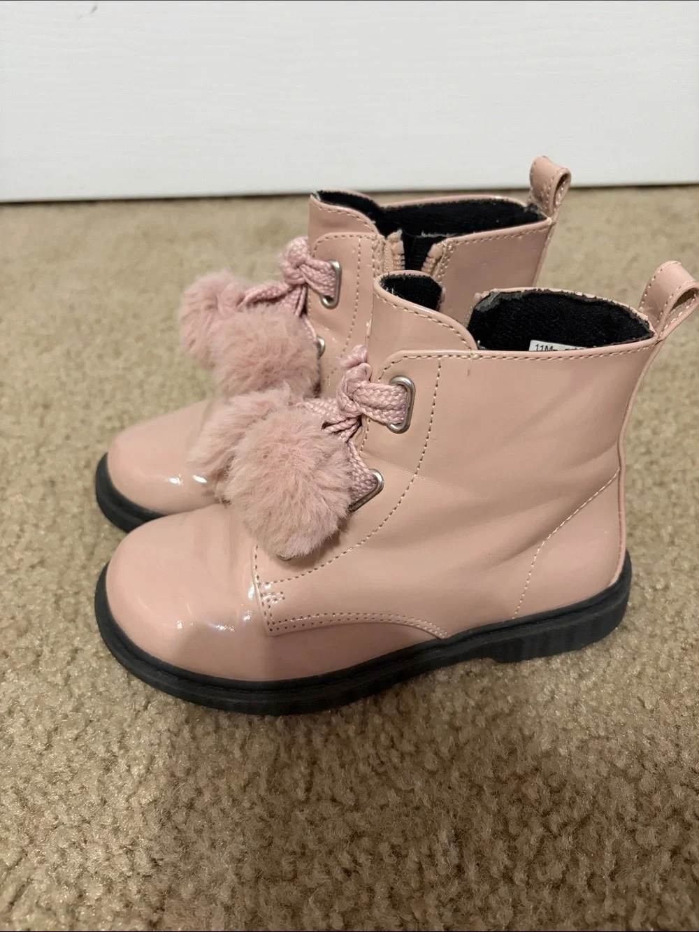 Kids Pink Pom Pom Lace-Up Boots